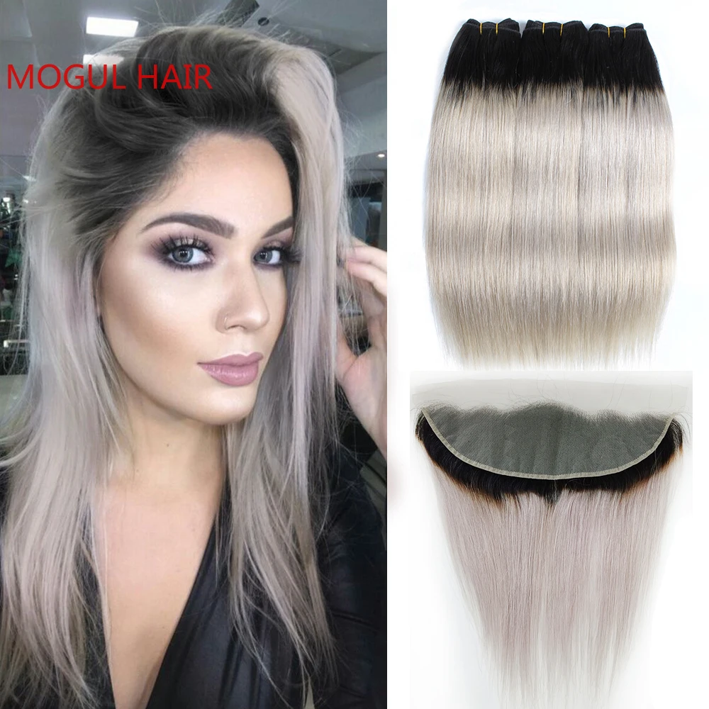 Light Grey Ombre Human Hair Bundles with Frontal Closure Transparent 13x4 Lace Straight Short Bob Style Remy Hair MOGUL HAIR