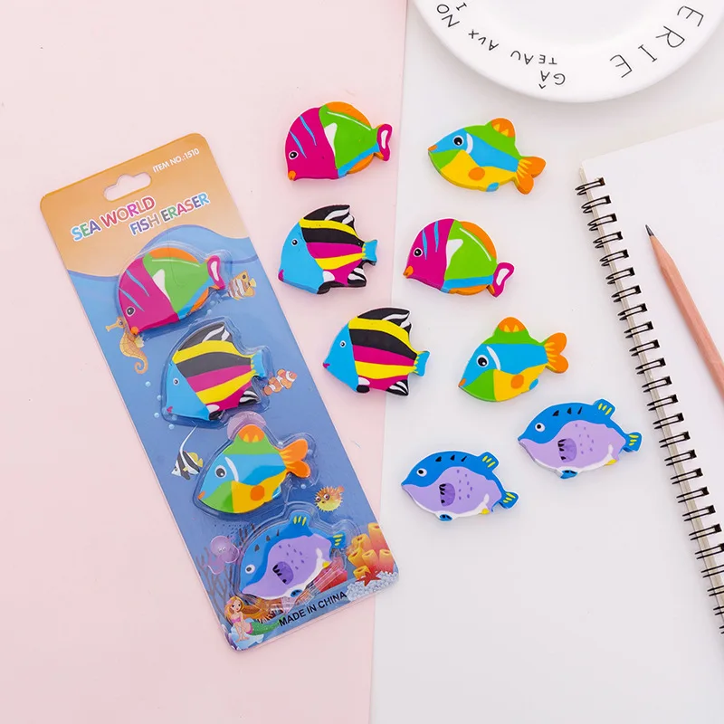 

4 Packs/Set Cartoon Fish Eraser Children's Gift Eraser Pack Student Supplies