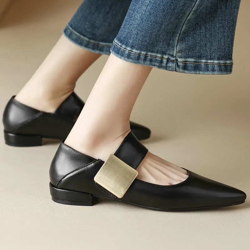 

Handmade Quality Pointed Toe Microfiber Leather Casual Girls Mary Janes Shoes Big Metal Buckle Luxury Women Flats Shoes Size 33