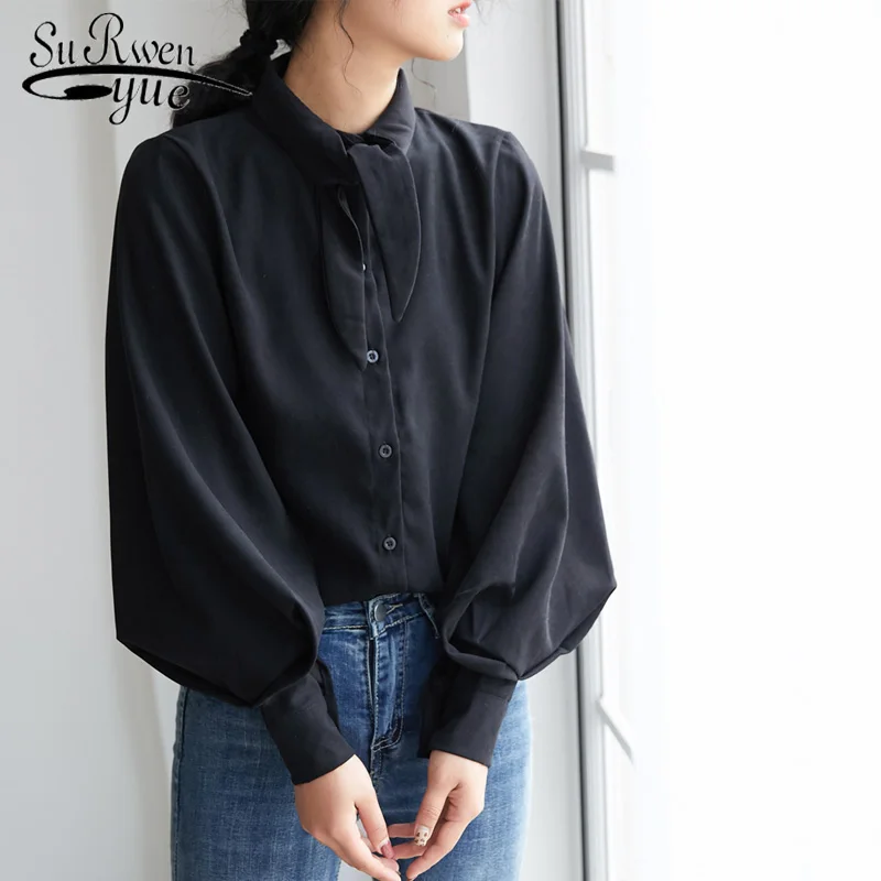 

New Bow Tie Temperament Lantern Sleeve Blouse Loose Women Tops and Blouses Hong Kong Style Femal Vintage Shirts 6461 50