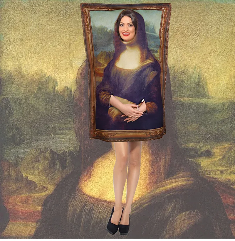

Cosplay Funny Mona Lisa Mural Costumes Props For Adult Unisex Sponge Jumpsuit Halloween Classic Carnival Fancy Dress Up Gift Toy
