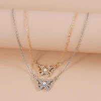 2pcs european american gold silver mixed color diamond imitation pearl butterfly pendant friendship card necklaces set