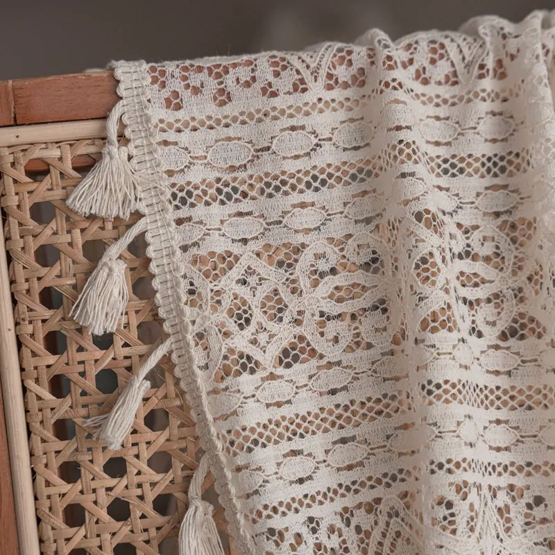 Американский стиль сельский бежевый с кисточками вязаный крючком ажурные
