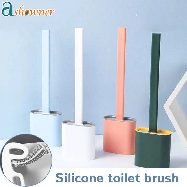 Toilet Brush Silicone Wc Cleaner Toilet Brush No Dead Toilet Cleaning Brush Flat Head Flexible Soft Bristles Brush With Holder