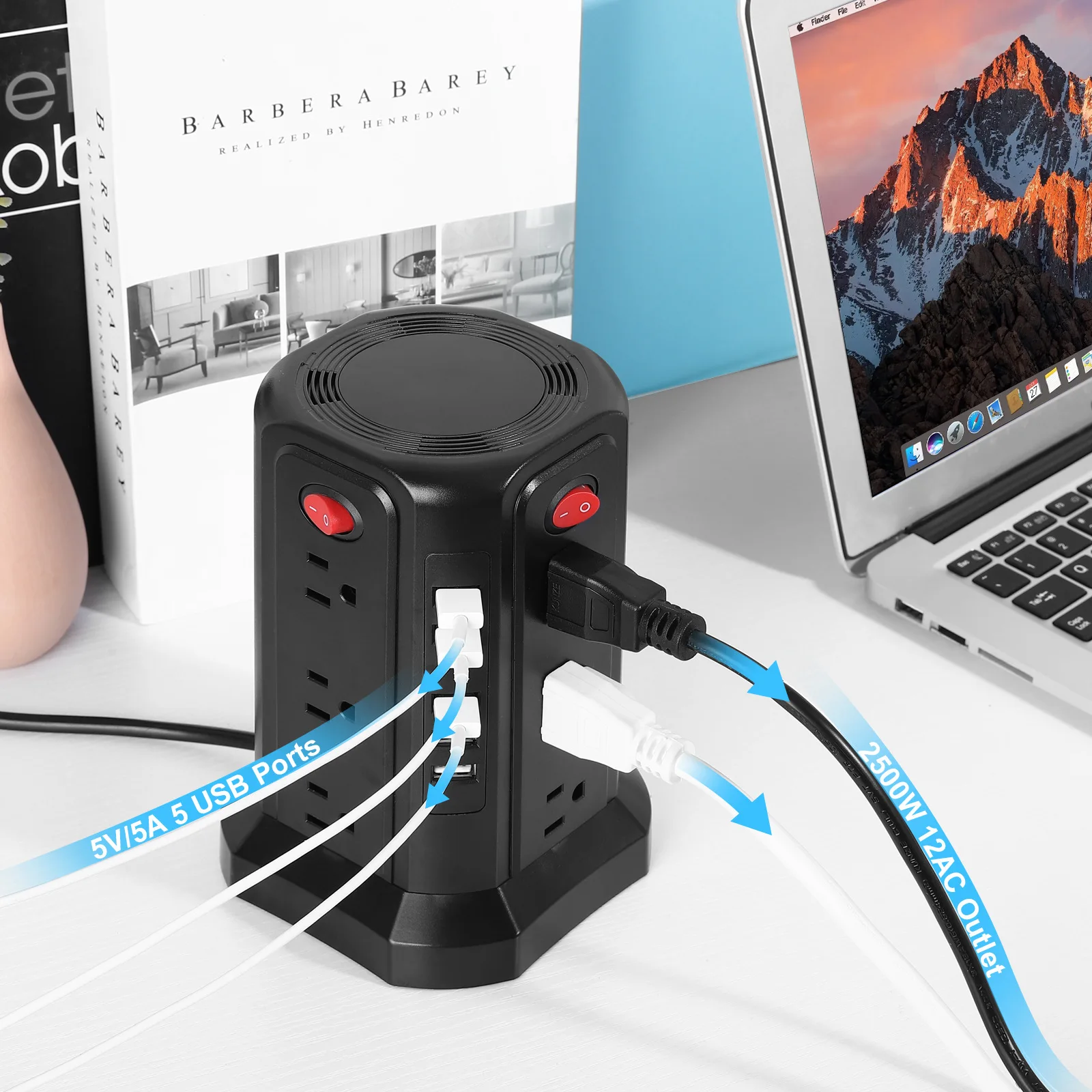 

Tower Multi Power Strip Vertical 8 Way Outlets Sockets with Wireless Charging USB Surge Protector Circuit Protection US EU UK