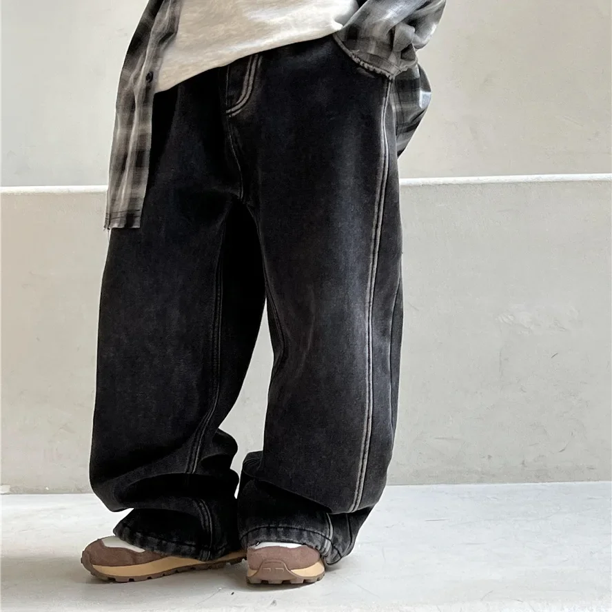 

Детские брюки 2023 осень зима джинсы на флисе в американском ретро стиле для мальчиков и девочек повседневные модные детские красивые джинсовые брюки
