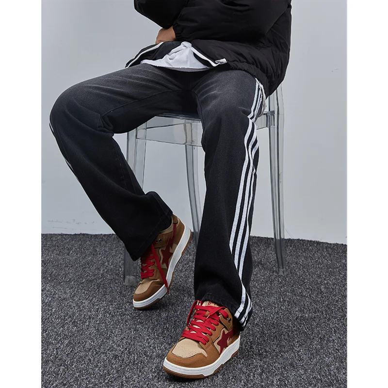 Streetwear Men 2022 New Style Pattern Straight Cylinder  Black Jeans Recreational Stripe Loose Trousers Autumn and Winter Female