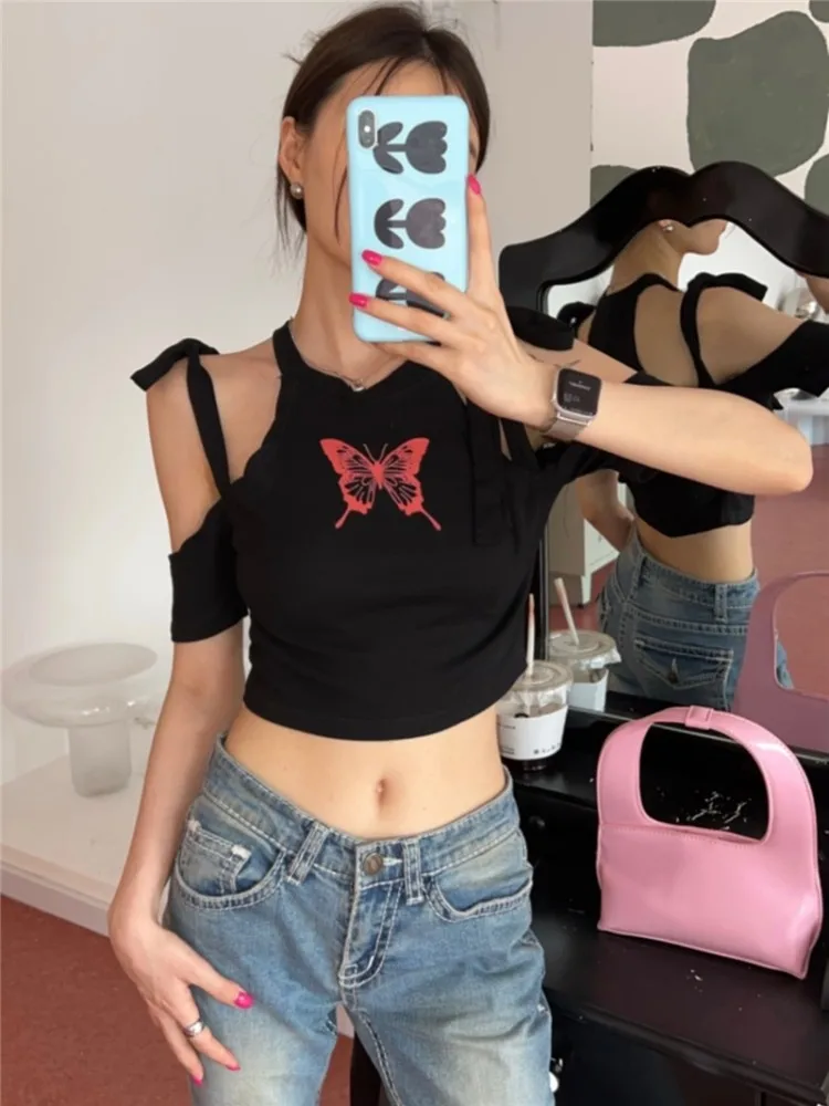 

Женская футболка с принтом бабочки, облегающий топ с коротким рукавом, 2 цвета, в Корейском стиле, модель C5695 на лето, 2023