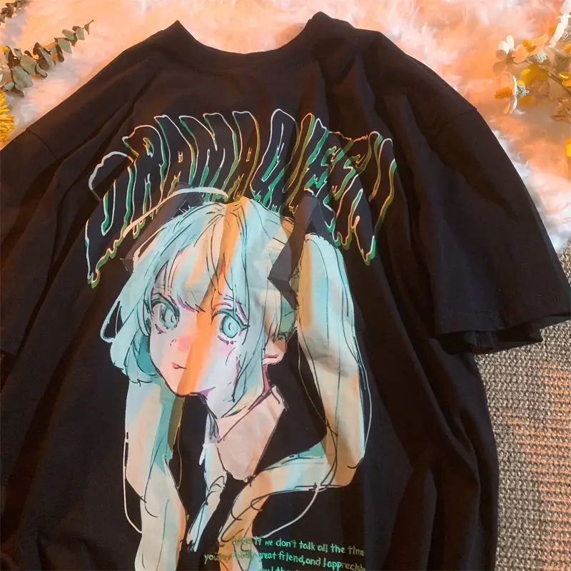 

Summer 2022 Cartoon Girl Printing Graphic Tees Women Y2k Top Short Sleeve Loose Cotton Ins College Style Y2k Aesthetic T Shirts