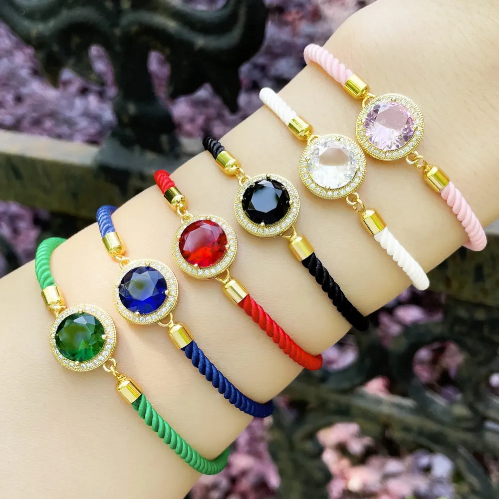 

FLOLA Round Disc Crystal Bracelets for Women Gold Plated Adjustable Red Thread Bracelets Cubic Zircon Jewelry Gifts brtg14