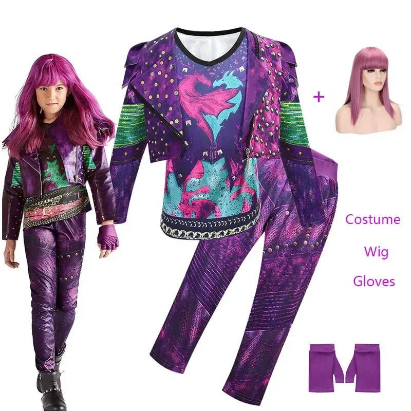 Фото Новинка 2025 года, детская одежда Descendants 3 Evie, карнавальный костюм для девочек, пальто, жилет, брюки, перчатки, комплекты париков, 5 шт., Хэллоуин, вечеринка C wat158 №1