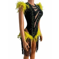 shining big crystals mesh sexy bodysuit black sequin fringe yellow rhinestone feather bodysuit women nightclub party wear costum