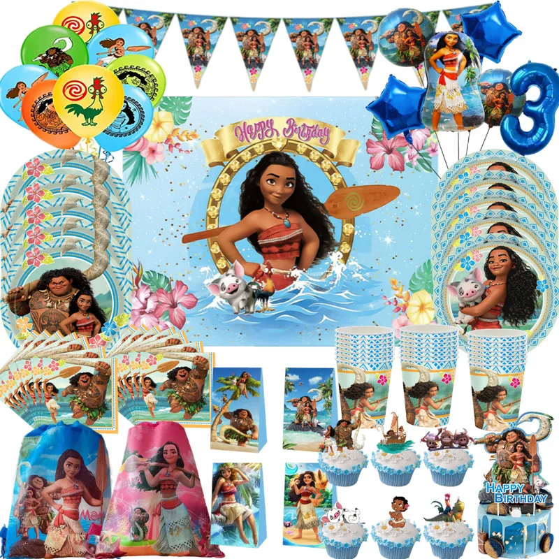 Moana Theme Cartoon Party Tableware Set Cup Balloon Plate Napkin Candy Box Banner Flag Kid's Birthday Party Decorations Supplies