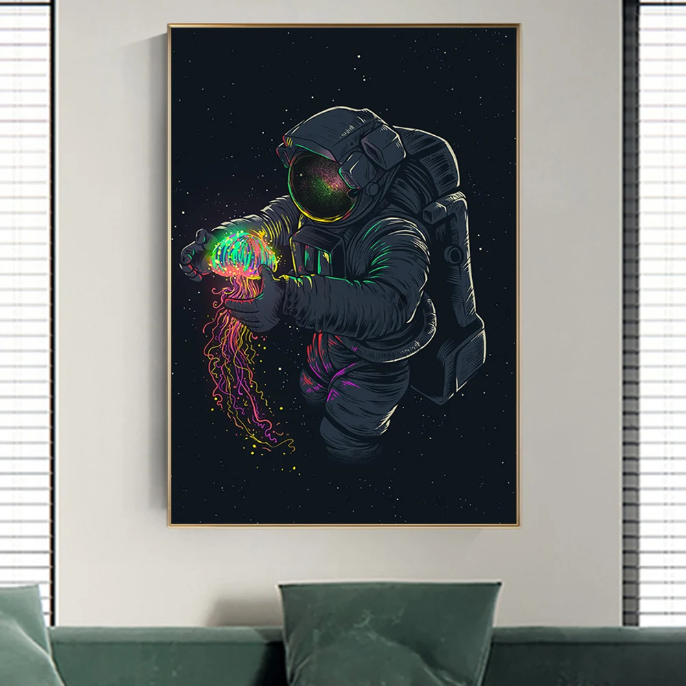 

Astronaut Playing Jellyfish Funny Canvas Painting Space Modern Art Posters Prints Nordic Wall Picture For Living Room Decor