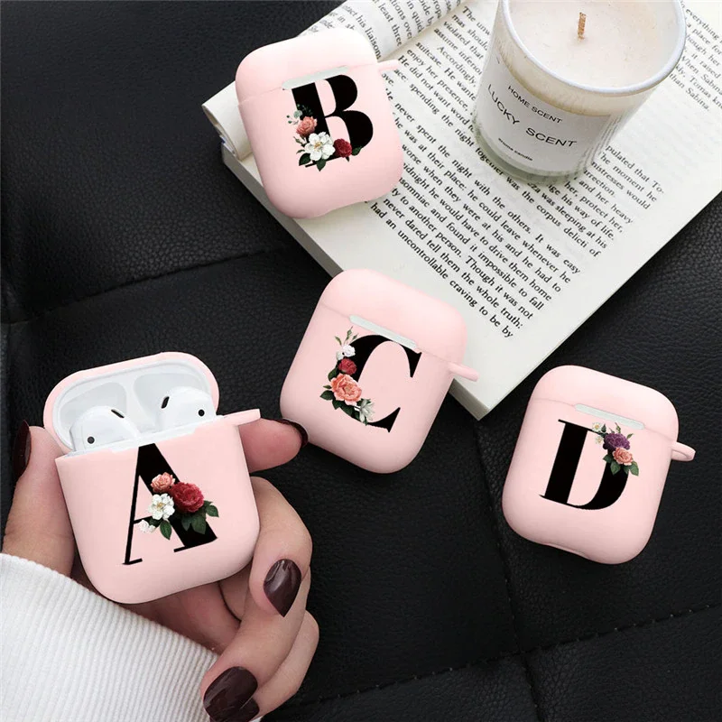 

New Silicone Pink Cover For Airpods 2 1 Case Earphone Accessories For Air Pods 2 Cases Floral Initial Alphabet Letters Coque