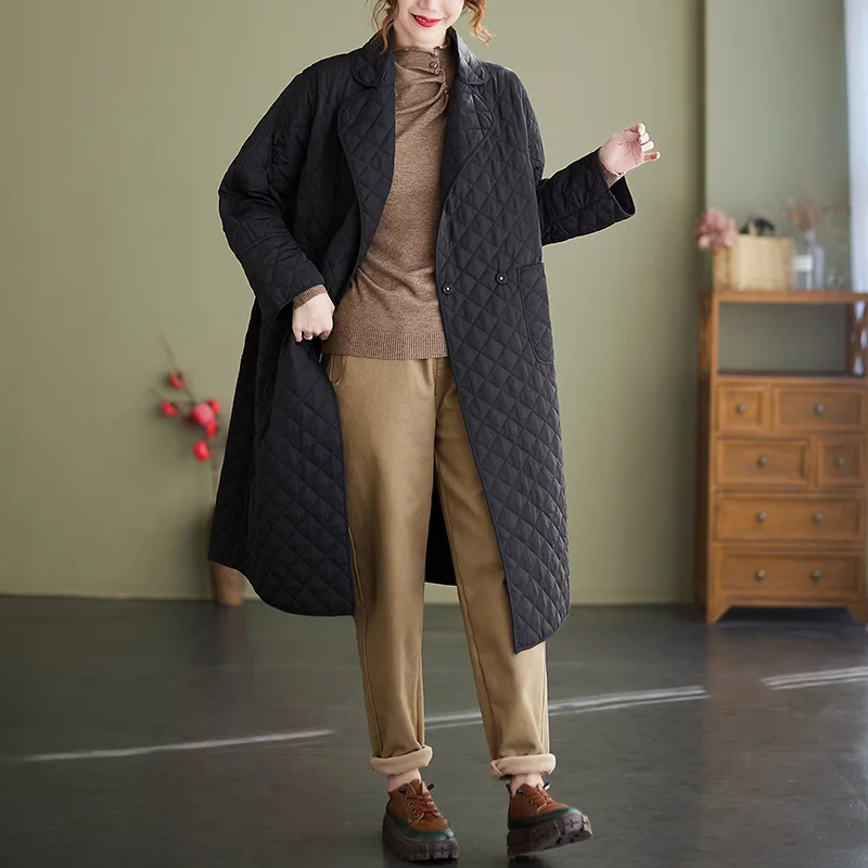 Women's new parka winter ladies rhombus design retro age-reducing mid-length long-sleeved loose cotton coat ladies windbreaker