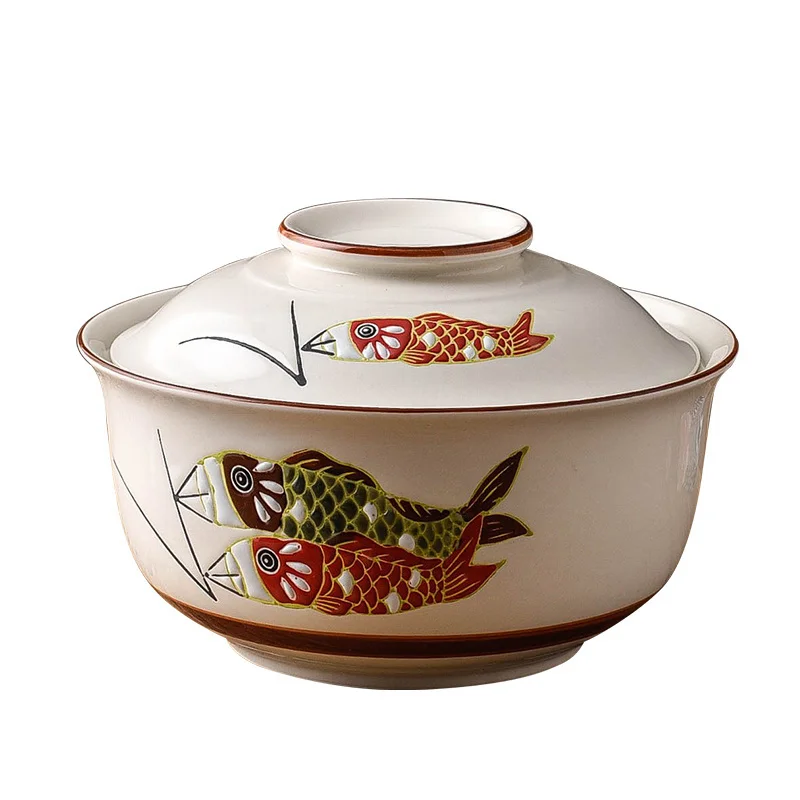 

Japanese Ceramic Soup Bowl With Lid Large Capacity Instant Noodle Bowl Hand Drawn Ramen Bowl Tableware Microwaveable Supplies
