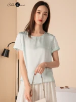 2022 summer new silk 100mulberry silk plain crepe satin casual versatile round neck satin short sleeve t shirt women