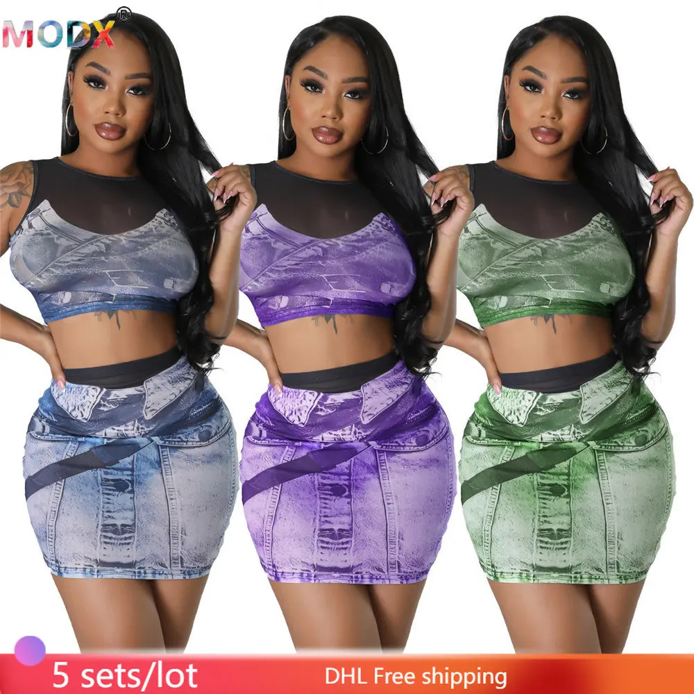 

5 Sets Mesh Denim Pattern Printed Two-piece Set for Women's Short Top and Skirt, High Waisted Sexy Two-piece Set Wholesale 9734