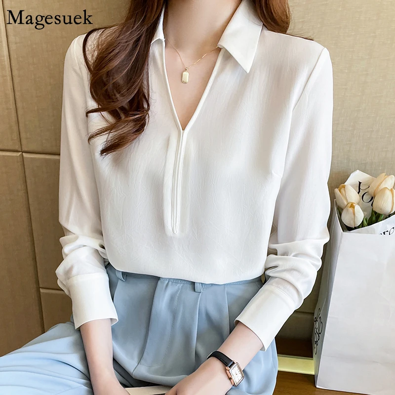 

Блузка женская шифоновая с V-образным вырезом, модная простая элегантная рубашка в офисном стиле, повседневный Свободный Топ, белая, весна, ...