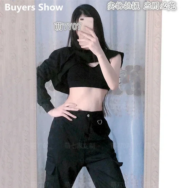 K-pop Black Street Wear Slim Cropped Vest Hoodies Dancer Outfit Jazz Stage Costume Korean Girl Group Hip-Hop Dance Pants