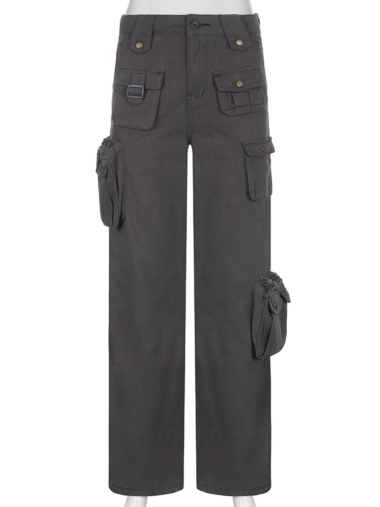 WeiYao Women Streetwear Jeans 100% Cotton Vintage Low Rise Pocket Patchwork Straight Denim Cargo Pants 2022 Summer New Mom Jean