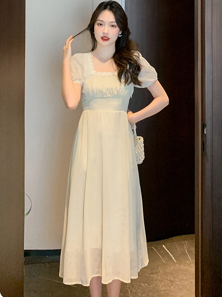 

Summer Short Sleeve Chic Lace Square Collar Midi Dress Women's Elegant Casual Prom Clothes 2023 New Korean Fashion Evening Dress