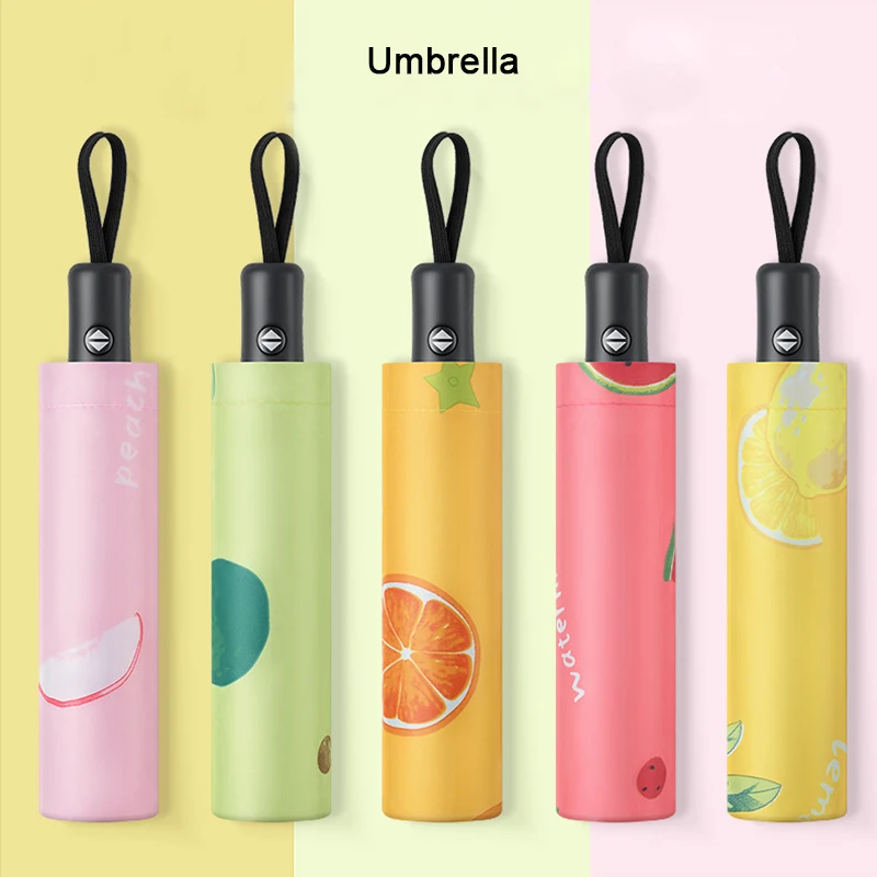 

Складной автоматический зонт в виде фруктов, 26 см, три складывания, двойной УФ-зонт для взрослых с черным покрытием и защитой от солнца и дож...