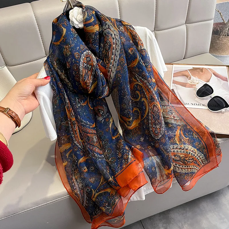 

Luxury Satin Silk Scarf for Women New Print Shawls and Wraps Neckerchief Large Hijab Beach Stoles Headscarves Echarpe Bandana