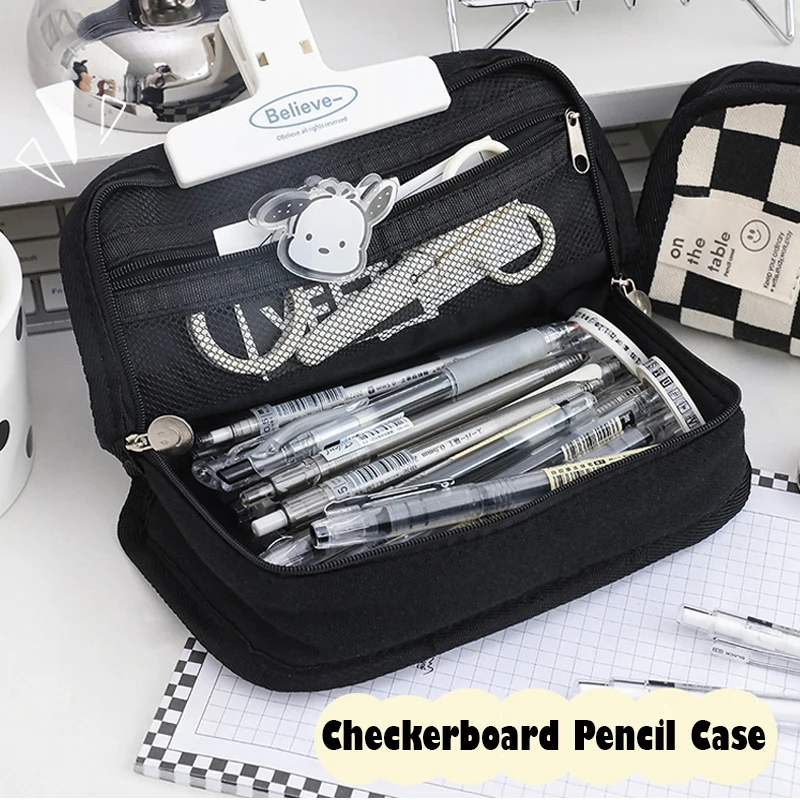 Case Grid Student Pencil Case Stationery Box Canvas Multi-functional School Supplies