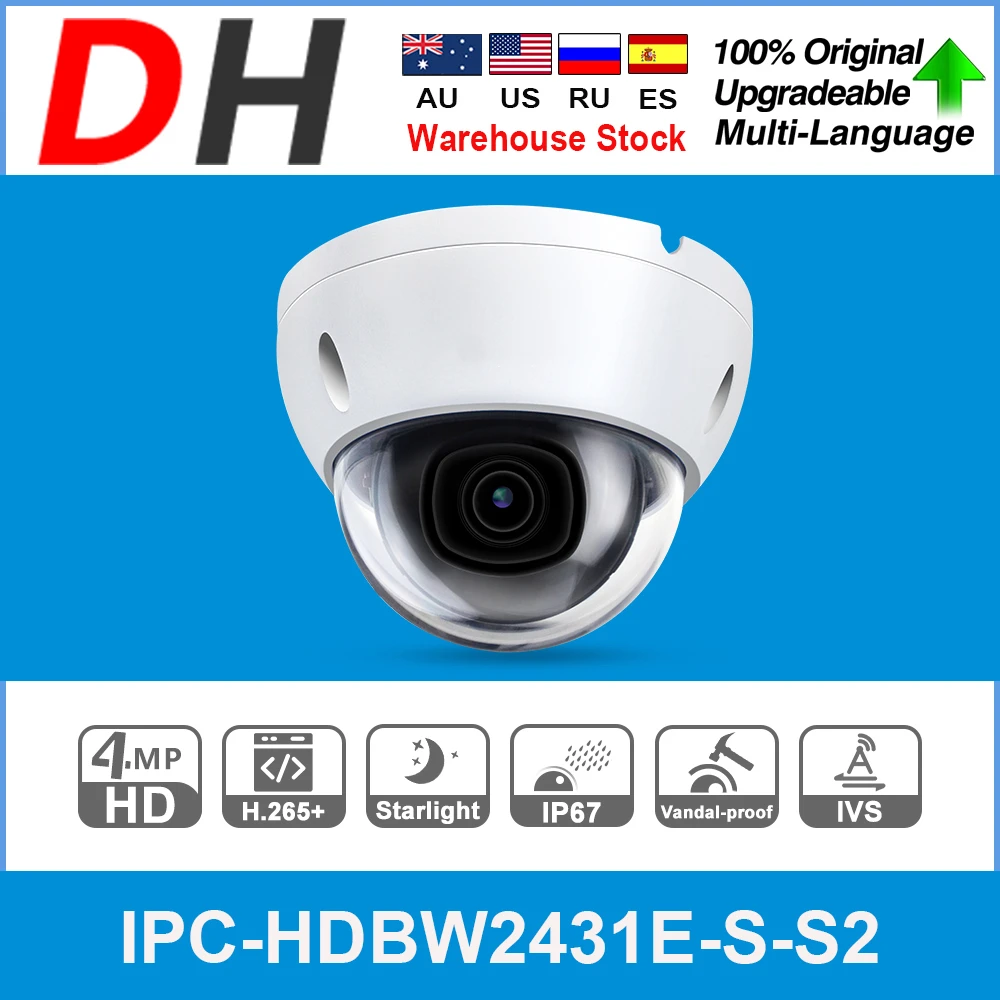 

Dahua Original IPC-HDBW2431E-S-S2 4MP HD POE SD Card Slot H.265 IP67 IK10 30M IR Starlight IVS WDR Upgradeable Dome IP Camera