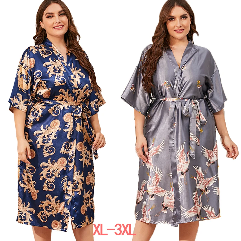 XL fashion women's nightgown bathrobe printing design women's ice silk nightdress summer pajamas nightgown