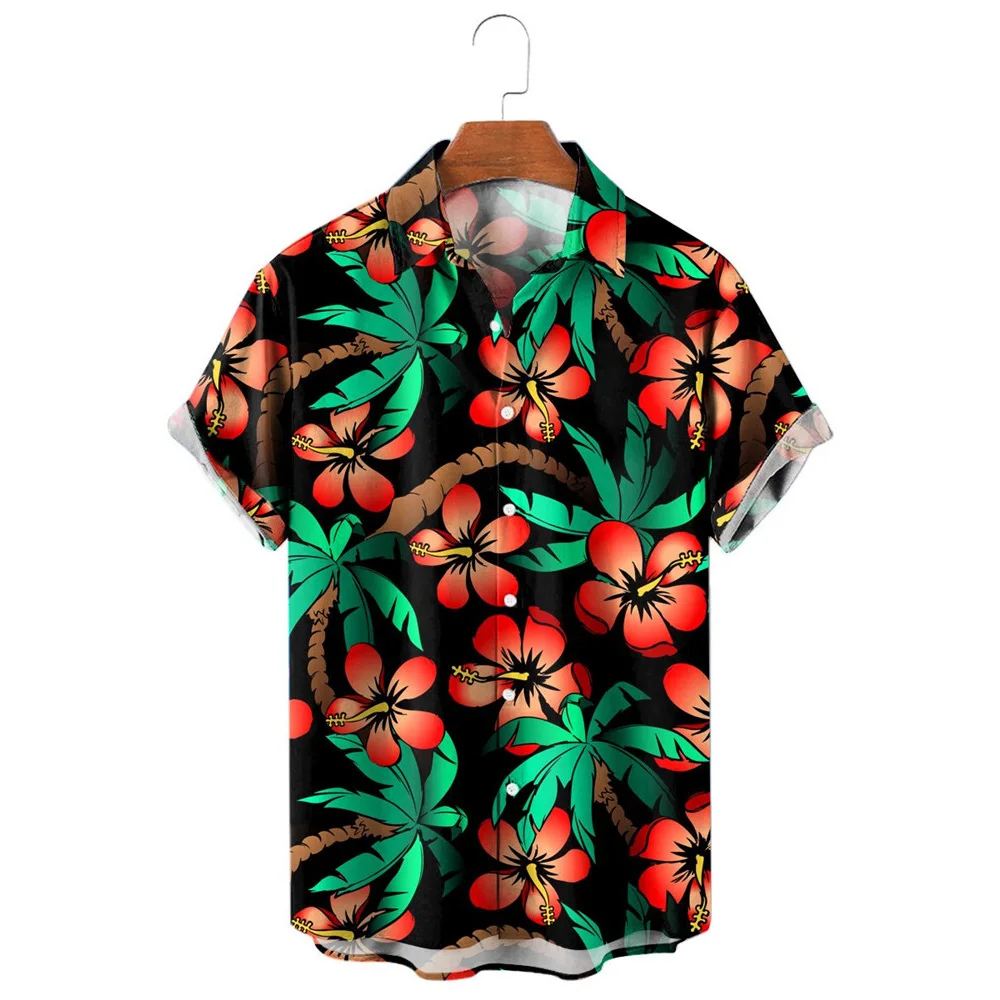 HX Fashion Men's Shirts Hawaii Bohemia Coconut Tree Hibiscus 3D Printed Casual Shirt Short Sleeve Beach Shirt Camisas