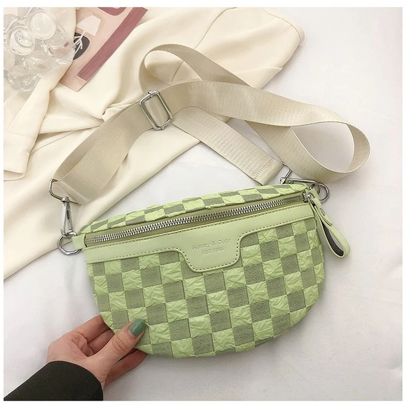 

2022 New Ladies Canvas Plaid Shoulder Bag Fashion Trend Chest Bag Net Celebrity Wide Shoulder Strap Messenger Bag Women's Bag