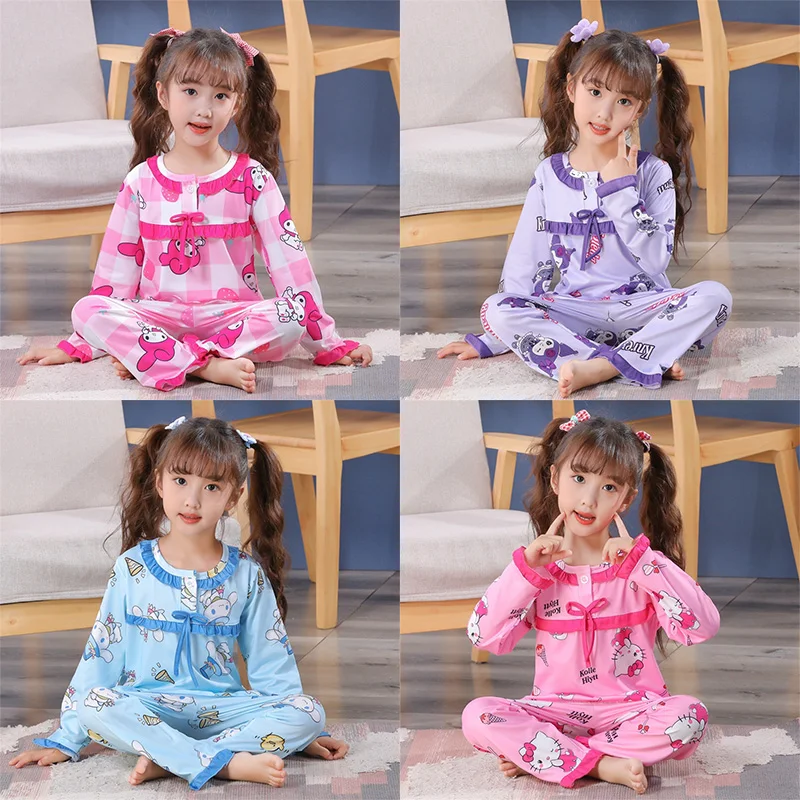 

Sanrios Kids Pajamas Kawaii Anime MyMelody Cinnamoroll Kuromi Cartoon Long Sleeve Trousers Two-Piece Set Girls Homewear Set Gift