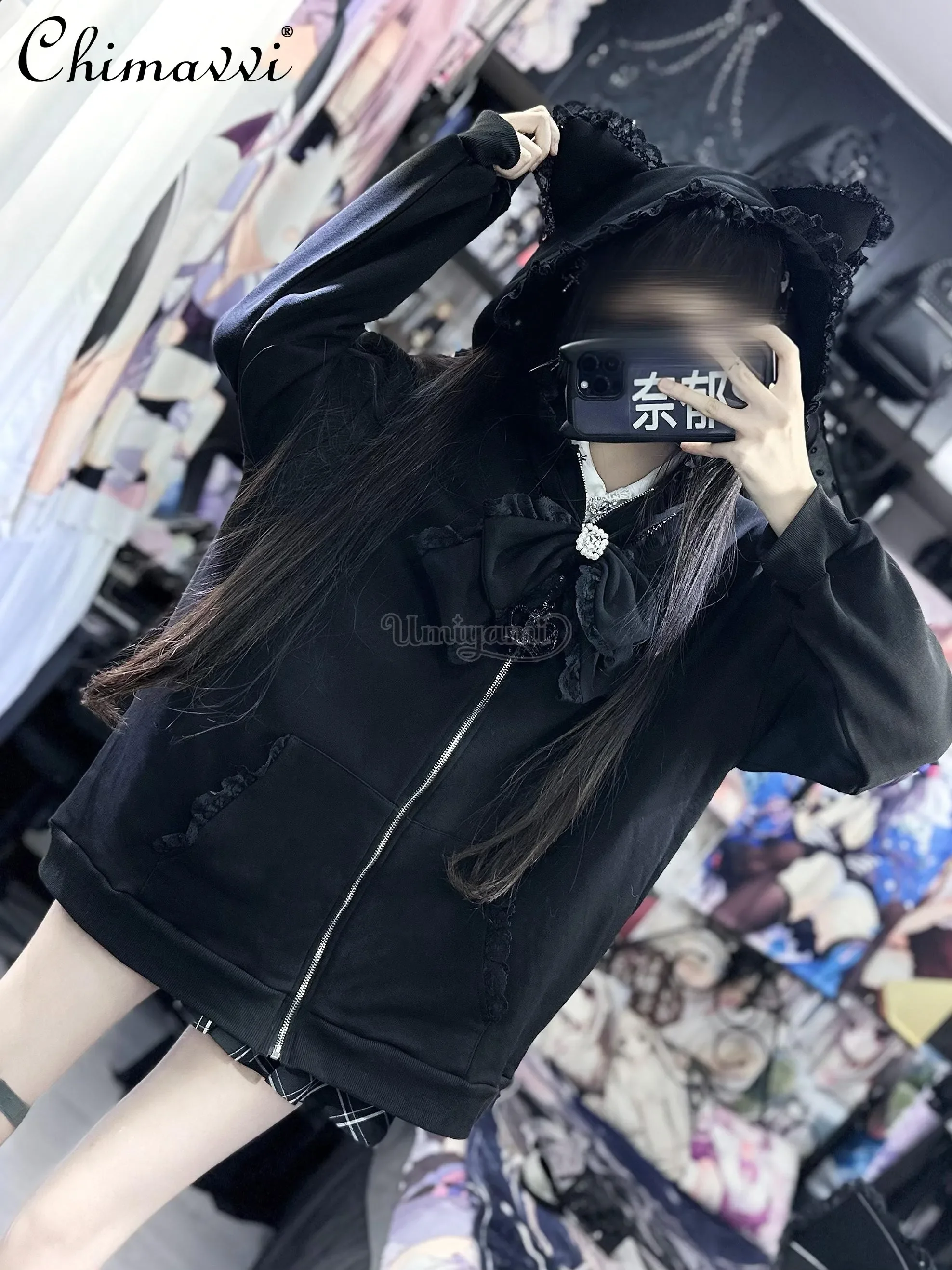 Милая кружевная тонкая куртка с кошачьими ушками и капюшоном со стразами бантом