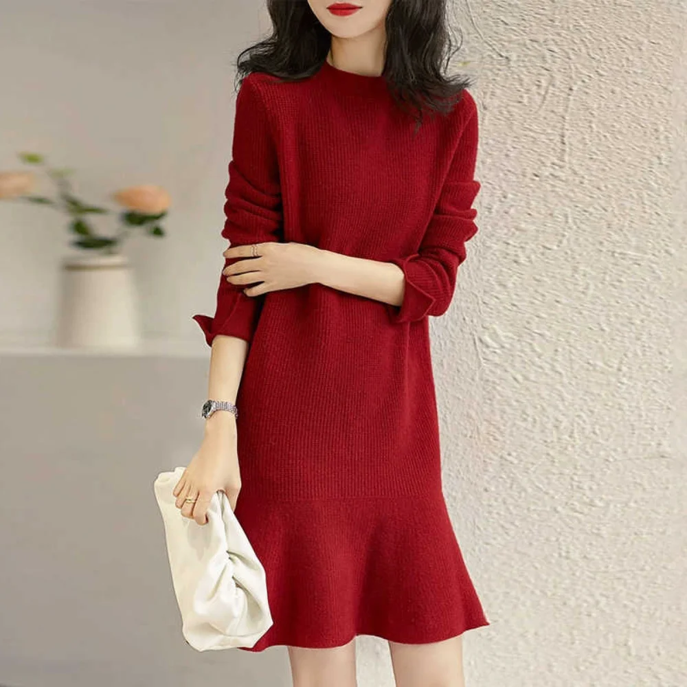 

Red Knitted One-piece Dresses for Women Autumn Winter 2022 Loose Women's Sweater Knit Dress Korean Fashion Midi Chic and Elegant