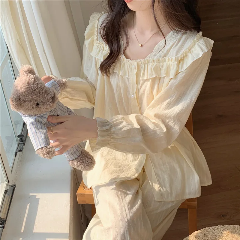 

Cotton Jacquard Autumn Pajamas Set Women Sweet Ruffles Two Piece Cotton Sleepwear Single Breasted Shirts + Trousers Soft