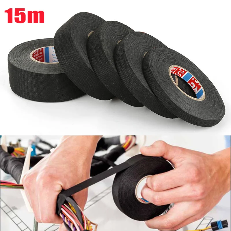 

15M 9/15/19/25MM Heat-resistant Adhesive Cloth Fabric Tape For Automotive Cable Tape Harness Wiring Loom Electrical Heat Tape