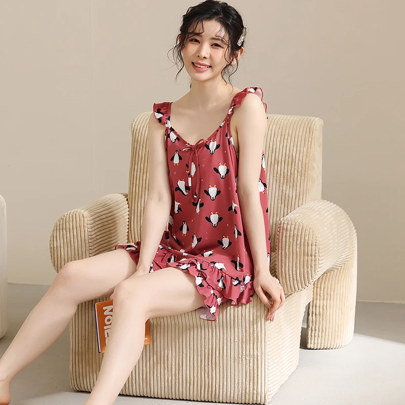 CAIYIER Lovely Bear Print Vintage Pajamas Set Summer Sleeveless Korean Sleepwear Kawaii Women Underwear Leisure Homewear M-4XL