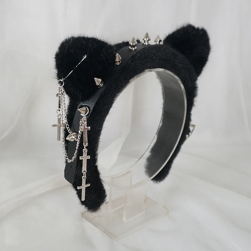 Плюшевая повязка для волос с кошачьими ушками и заклепками на голову крестом