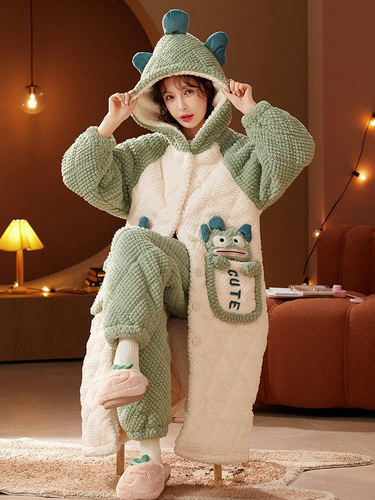 Coral Fleece Quilted Pajamas Women Winter Fleece-lined Three-Layer Warm Flannel Funny Cartoon Hood Nightgown Homewear