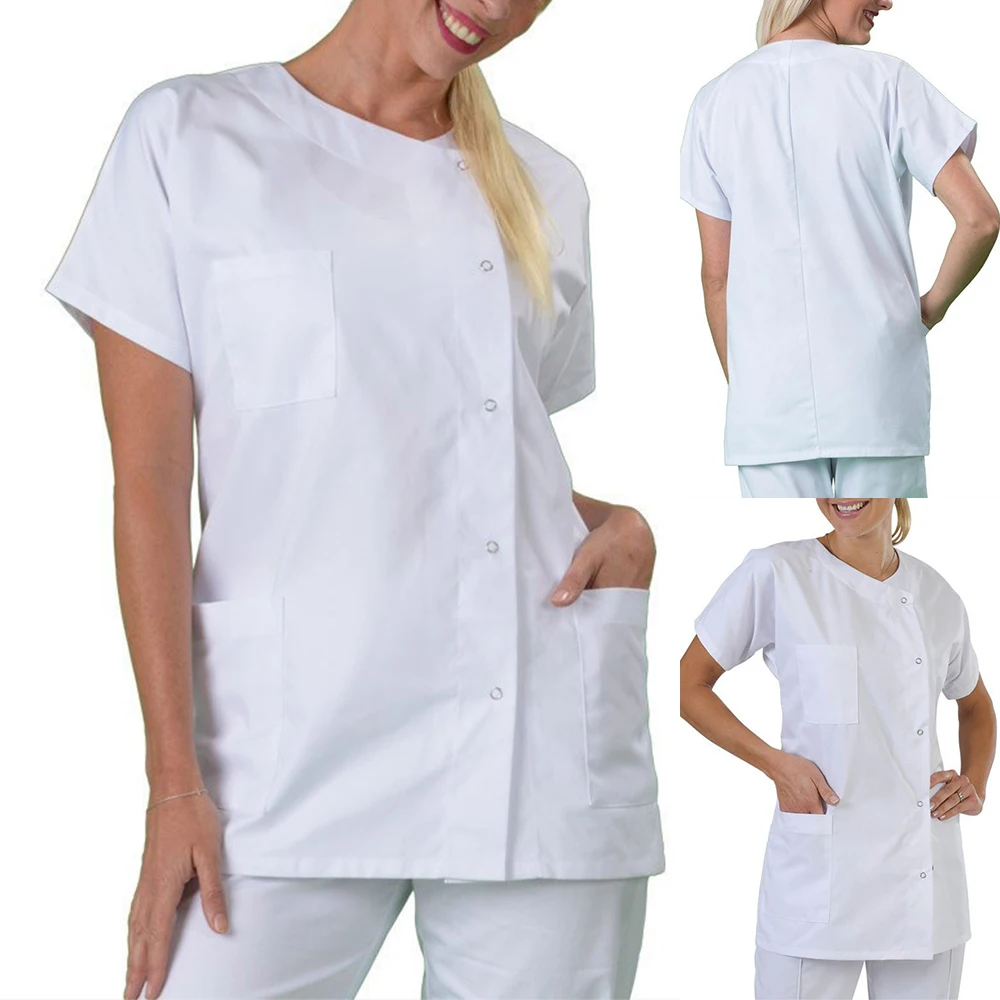 

Women Men Collarless Short Sleeve Medical Dress Hospital Lab Coat Workwear Tops Unisex Nurse Outfit Doctor's White Coat Lab Coat