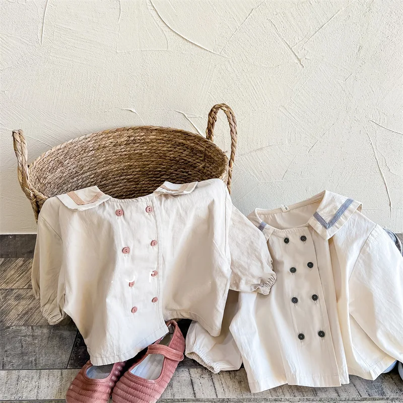 

Рубашка с воротником, одежда, топ с лацканами и пуговицами, весна 2022, Корейская рубашка синего цвета для девочек, детская длинная рубашка с д...