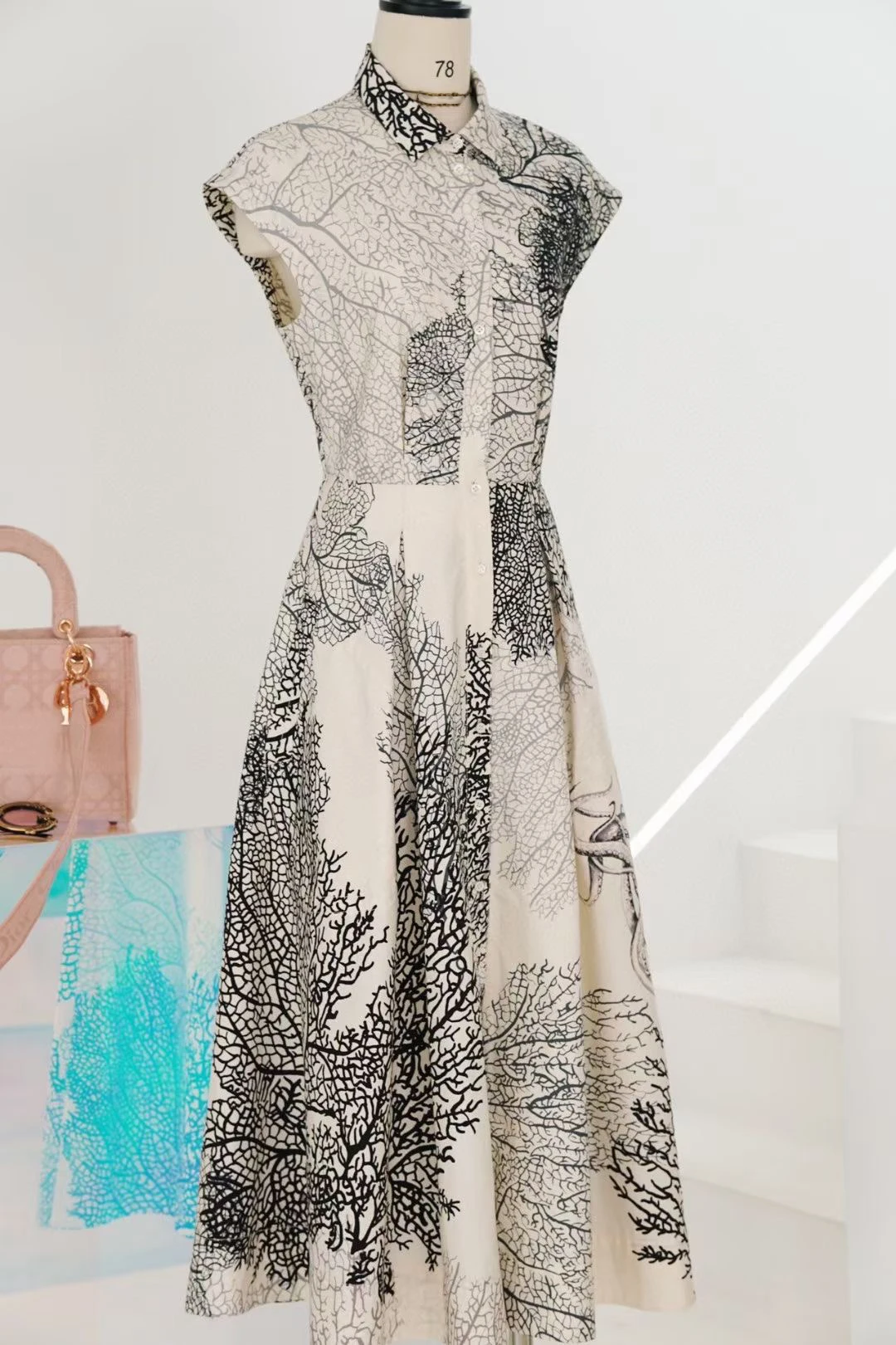 

2022 Spring New Printing Turn Down Women Midi Dress High Quality Chic Elegant Runway Designer