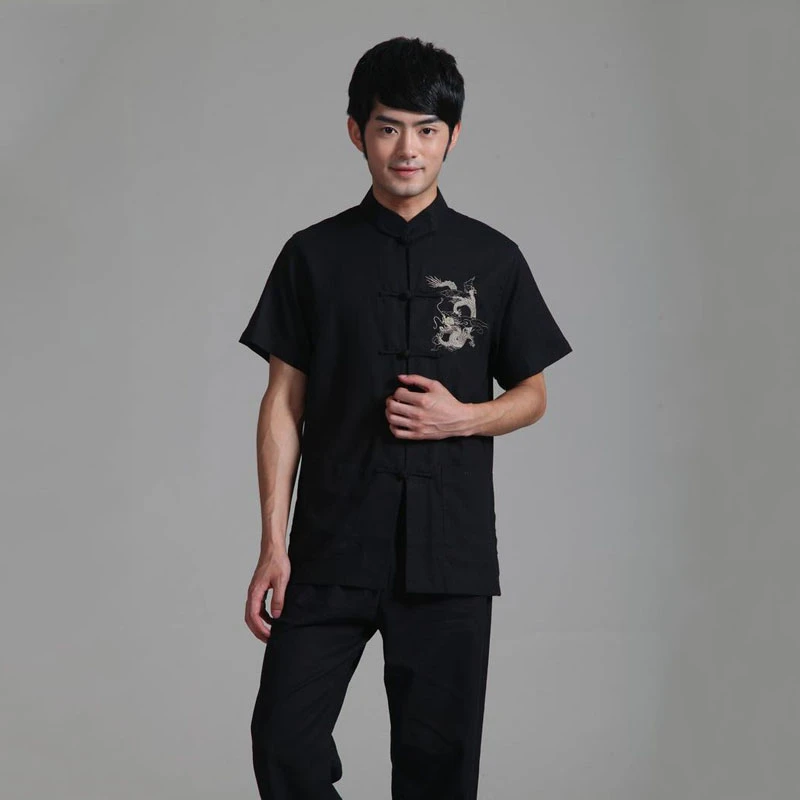 Рубашка с вышивкой дракона для мужчин костюм коротким рукавом Тан