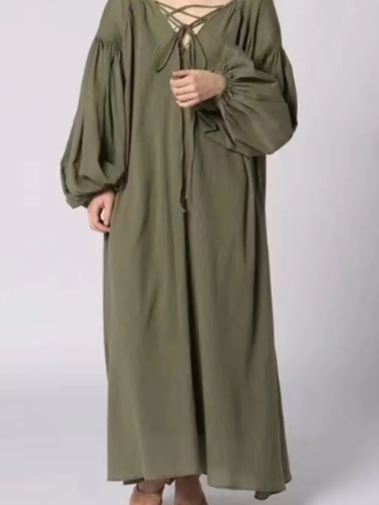 Платье женское длинное из хлопка и льна с V-образным вырезом открытой спиной