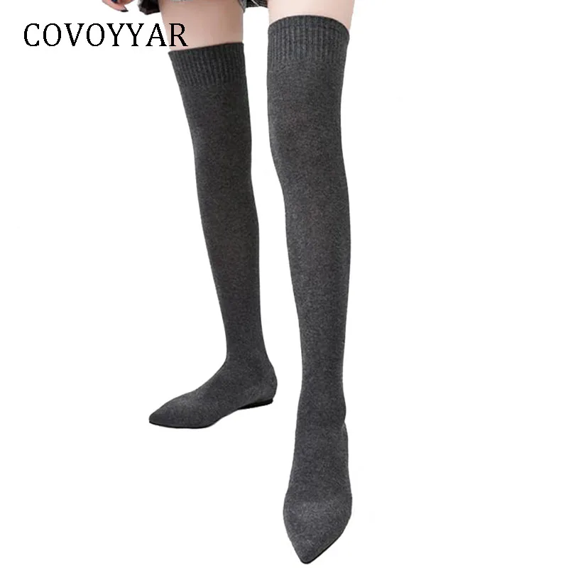 

COVOYYAR 2022 Stretch Socks Boots Women Slim Elastic Knitted Long Thigh High Boots Pointed Toe Flat Black Shoes Women WBS1017