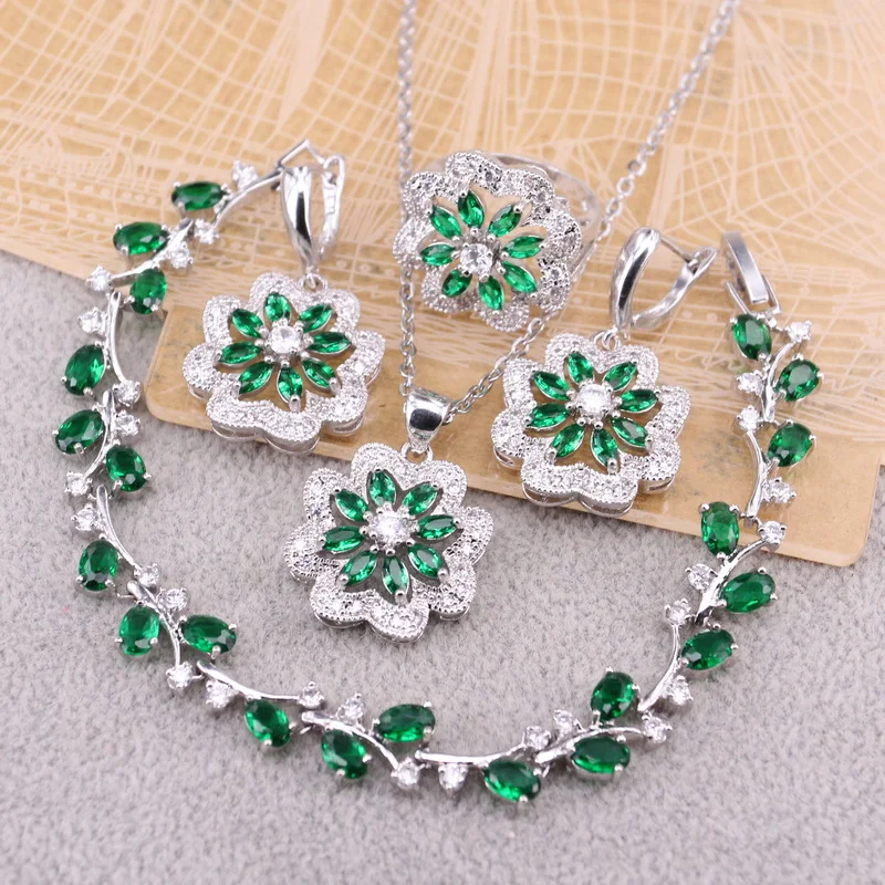 

Green Emerald 925 Silver Earrings Floral Drop Earrings For Women Chain Necklace Pendant Bracelets Ring Wedding Jewelry Sets