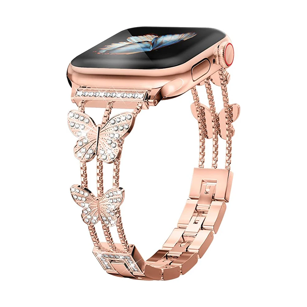 Xasiy Compatible With Apple Watch Strap 38mm 40mm 41mm 42mm 44mm 45mm 49mm Vrystal Sparkly Butterfly Girls Jewelry Metal Band